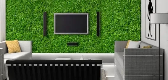 Modern living room featuring a vibrant green wall, sleek furniture, and a wall-mounted TV